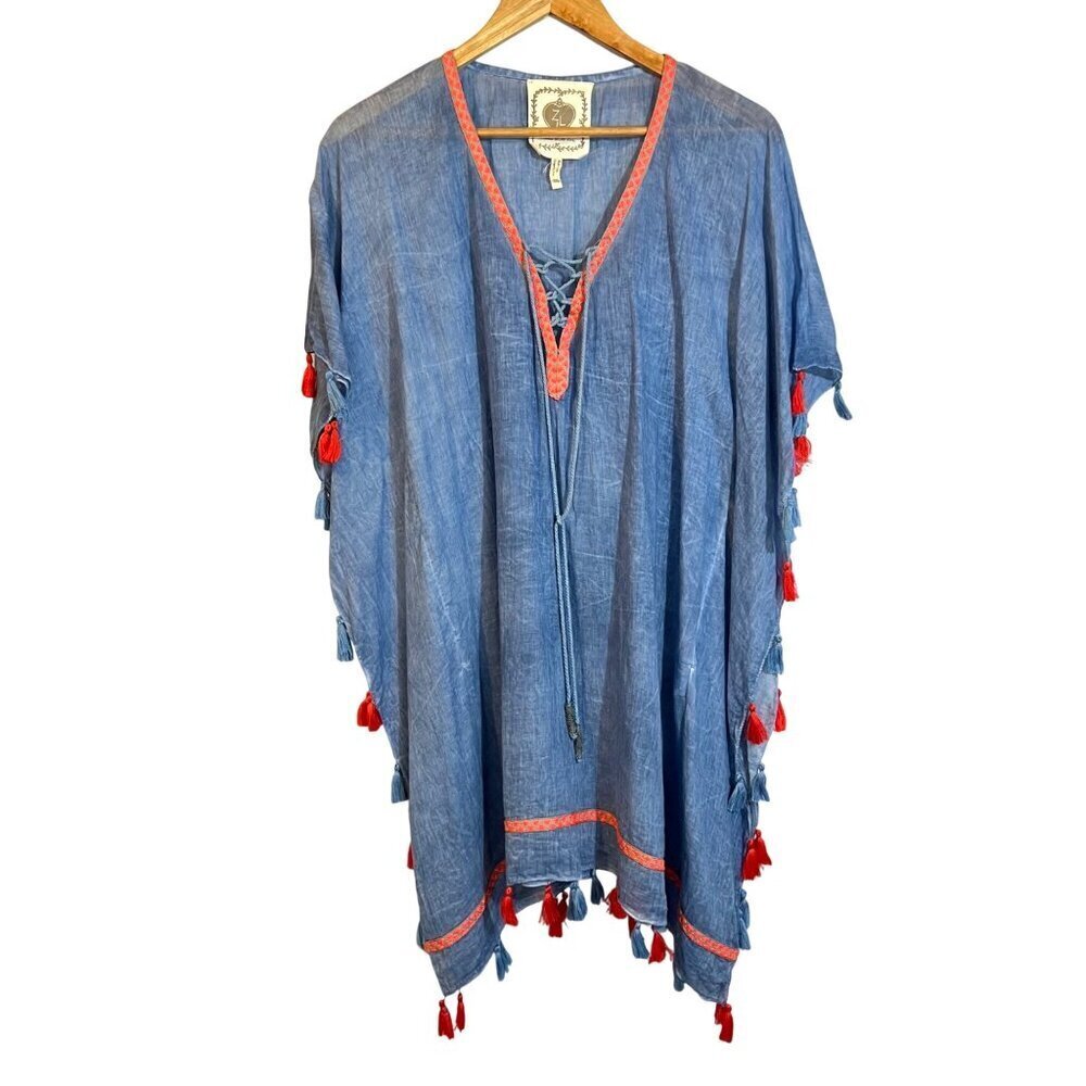 Z&L Blue Embroidered Poncho Red Tassel Fringe One Size Boho Bohemian Swim Cover